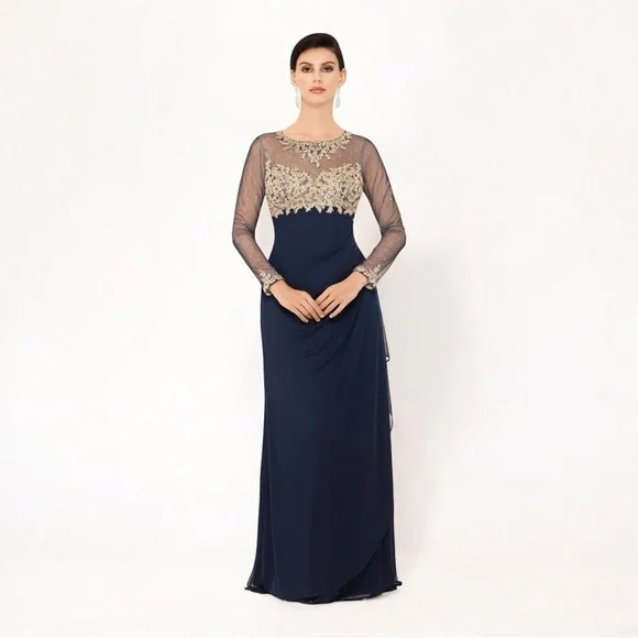 XSCAPE Embellished Illusion-Bodice Ruched Gown in Navy/Gold NWT